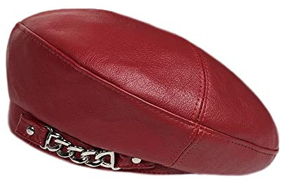 Inzegao Damen-Baskenmütze aus PU-Leder, Retro-Stil, verstellbar, Maler Künstler, einfarbige Kappe, Kette, rot, Einheitsgröße
