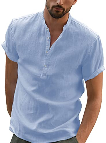 YAOBAOLE Mens Henley Linen Shirt Long Sleeve Loose Casual Beach Solid Grandad T-Shirt Light Blue XL