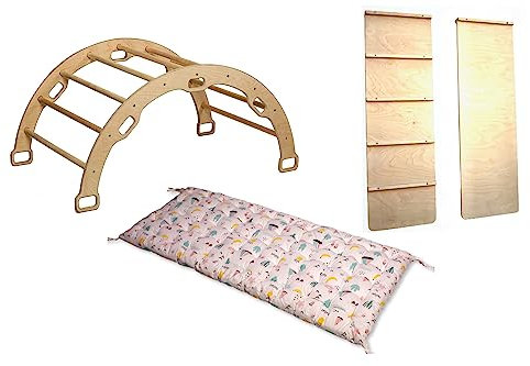 Montessori Kletterbogen | Bogen mit zweiseitiger Leiterrampe & Kissen | Kletterbogen aus Holz | Kletterwand für Kinderzimmer | Kletterbogen Set mit Rampe und Kissen für Kleinkind (Flamingo)