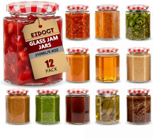 Eidoct Lot de 12 petits bocaux en verre avec couvercles hermétiques de 280 ml avec couvercles vichy rouges pour une utilisation comme bocaux de marinage, bocaux hermétiques pour cuisine, épices, miel