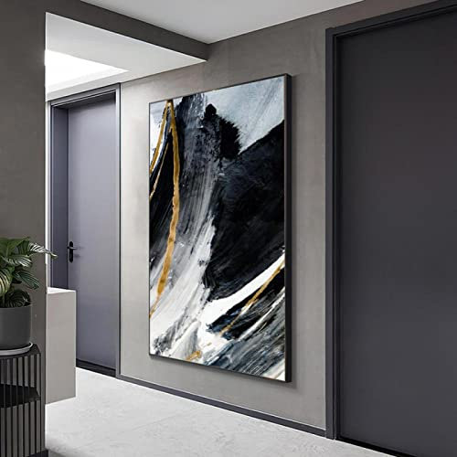 Schwarz-Weiß-Gold, abstraktes, modernes, extra großes Poster, Ölgemälde auf Leinwand, im Wohnzimmer, Wandkunst, dekoratives Bild, 80 x 120 cm/32 x 47 Zoll, mit schwarzem Rahmen