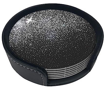 Glänzende silberne Glitzer-Leder-Untersetzer, modisch, bügelfest, rund, 10,2 cm, Getränkeuntersetzer-Set (6-teiliges Set) mit Aufbewahrungsbox, Tischdekoration und Schutz