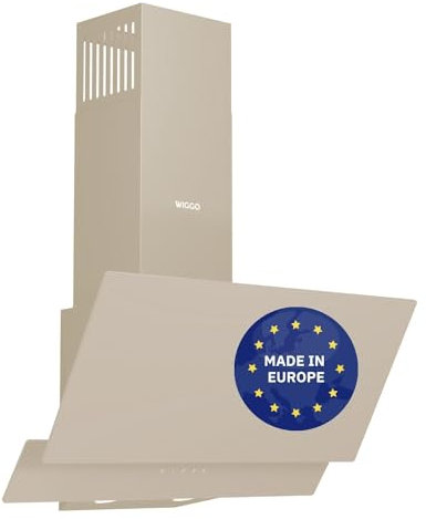 Wiggo A642 Dunstabzugshaube 60cm kopffrei I Abluft Umluft Dunstabzug 626m³/h - Touch-Display 4 Stufen I Energieeffizienzklasse A Schräghaube inkl. 2x Kohlefilter I Abzugshaube Glasfront creme