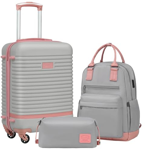 Coolife Suitcase Set 3 Piece Luggage Set Carry On Travel Luggage TSA Lock Spinner Wheels Hardshell Lightweight Luggage Set(Gray+Pink, 3 piece set (BP/TB/20))