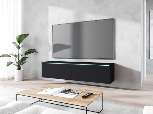 MINIO go for it - Meuble TV Donna Largeur 140 cm Lowboard avec LED | Debout ou suspendu, meuble TV pour le salon, panneau stratifié, noir graphite / façade noir graphite