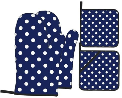 Ofenhandschuhe und Topflappen-Sets, Küchenofenhandschuh und Topflappen, 4 Stück, zum Backen, Grillen, Blaue und weiße Punkte