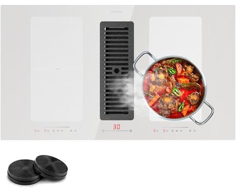 Klarstein 2 en 1 Plaque de Cuisson Induction avec une Hotte Aspirante pour Ilots, Table de Cuisson à 4 Anneaux avec Flex Zone, Commande Tactile, Hotte Aspirante 391m³/h, Classe Energétique A+
