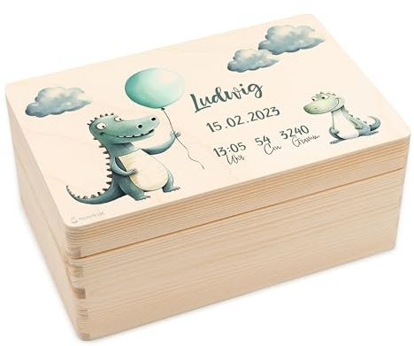 Geschenkfreude Erinnerungsbox Baby Personalisiert 30x20x14cm - Krokodile | UV-Druck, Baby Aufbewahrungsbox, Erinnerungskiste aus Holz, Geschenke zur Geburt für Junge und Mädchen