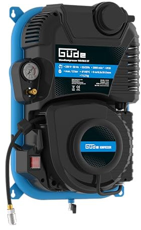 Güde Compressore da parete 160/08/2 ST (1100 W/230 V, max. 8 bar, 90 l/min eff. Contenuto della confezione: senza olio, montaggio a parete salvaspazio, avvolgitubo automatico integrato orientabile a