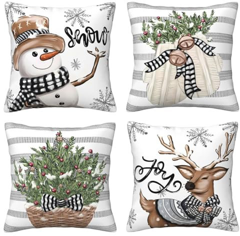 AMZQJD 4 Stück Kissenbezug Baumwolle Dekokissen Kissenbezüge Sofakissen Dekorativ Kissenhülle Bezug Weich für Wohnzimmer Schlafzimmer (Weihnachten Hirsch, 40 x 40 cm)