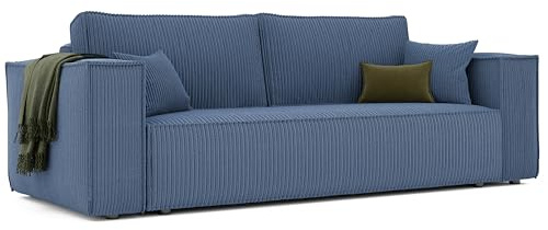 GREKPOL Schlafsofa mit Bettkasten 240x105 - Cord Blau Sofa mit schlaffunktion - Couch mit Schlaffunktion - Sofa 3 Sitzer - Wohnzimmer Couch - Schlafcouch