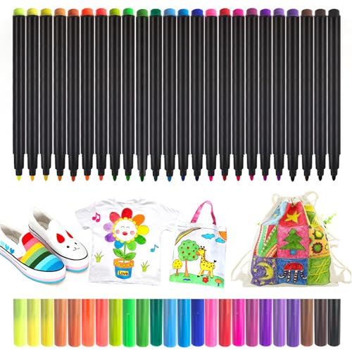 NXPUXP 24 Textilstifte Waschmaschinenfest,Textilmalstifte,Stoffmalstift,T-Shirt-Textilmarker,Ideal für T-Shirts,Taschen und andere Textilien