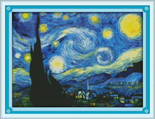 IUHUI 14ct Kreuzstich Set mit gezählten Mustern, geeignet für Anfänger und Erwachsene, Die sternenklare Nacht von Van Gogh DIY Kreuzstich Stickerei Set Stickerei Stoff Vorlage