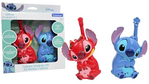 LEXIBOOK, Disney Stitch, Walkie-talkies 3D Stitch y Leroy, Alcance 500m, 2 Canales de comunicación, Clip para cinturón, Azul/Rojo, TW18D