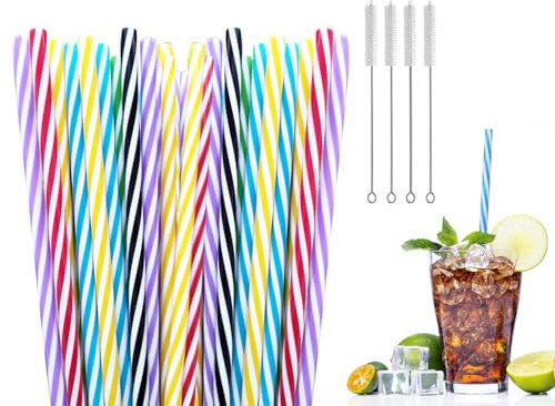 Abiyou Wiederverwendbare Strohhalme, 100PCS Verdickte Strohhalme Plastik, Strohhalme Plastik Senden 4 Strohhalmbürste, Trinkhalme Plastik, Harte Strohhalme, für Milchtee, Säfte, Getränke, Cocktails