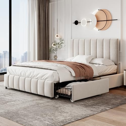 4ft6 Double Bed Frame Upholstered Platform Bed with 4 Storage Drawers&Adjustable Channel Tufted Headboard, Velvet Fabric, Sturdy Metal-Wood Support, No Box Spring Needed,Easy Assembly,Beige Double Bed