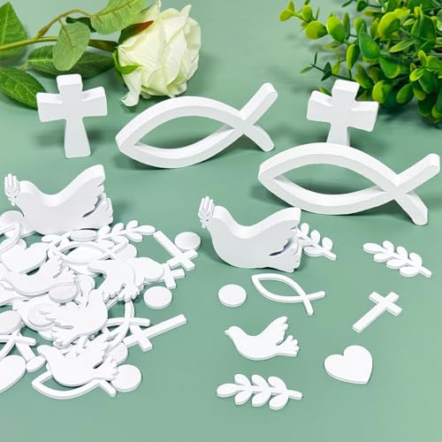 Kommunion Deko, 66 Stück Konfirmation Deko Streudeko Taufe Deko, Holzfische Konfirmation Tischdeko Kommunion Deko für Junge Mädchen Firmung Babyshowerparty