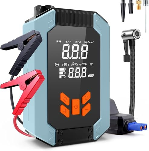 USUIELIGHT Aide au démarrage de voiture avec compresseur d'air, 150 PSI 4000 A pour essence 9,0 l et diesel 8,0 l, démarreur de véhicules 12 V avec écran LCD, lampe de poche LED, indicateur de