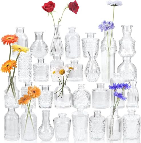 Yirilan Glass Bud Vase Set of 30,Small Clear Round Vases for Flowers, Mini Flowers Vases, Vintage Bottle for TableDecorations, Wedding Decor, Party, Home