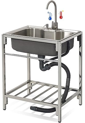 Freistehende Edelstahl Spültisch, Freistehendes Spülbecken für den Außenbereich, Einzelbecken aus Edelstahl 304 mit Kalt- und Warmwasserhahn für gewerbliche Küchen, Badezimmer, Restaurants, Bauernhäu