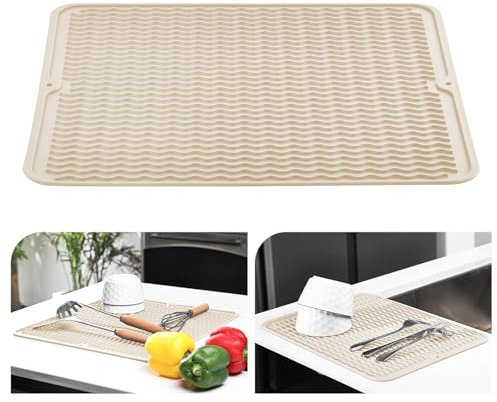 KitchenRaku Tappetino scolapiatti 30x40cm, Resistente al calore,Sottobicchieri in silicone antiscivolo, Presine, Tovaglietta, Ripiano per cucchiai (Beige)