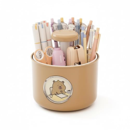 eyesfon Kreative drehbare Stiftehalter mit vier Gittern, niedliche drehbare Bären-Bleistifthalter, Schreibtisch Organizer für Büro, Schule, Zuhause (Khaki)