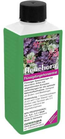 GREEN24 Heuchera Dünger, NPK 5,0-3,0-2,0, Spezial-Flüssigdünger für Purpurglöckchen, fördert intensive Blattfarben und kräftigen Wuchs, 250ml Konzentrat