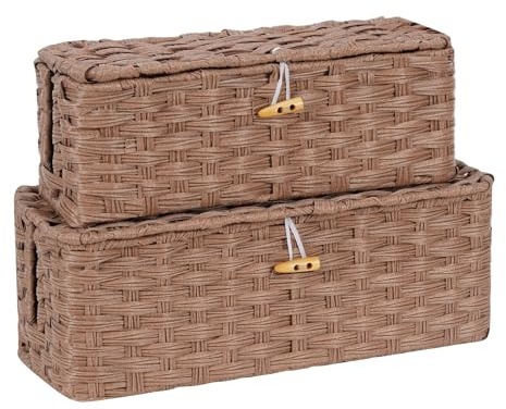 Temary Cable Management Box, Wicker Cable Organizer Box with Lid for TV, Computer, Home, Office to Hide Cords and Power Strip, Handmade Rattan Cable Organizer (Medium + Large, Brown)