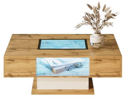 Merax Table basse 110 x 60 x 39,7 cm, avec éclairage LED, plateau en verre, 2 tiroirs, table d'appoint avec LED à changement de couleur, compartiment de rangement ouvert, design moderne, couleur bois