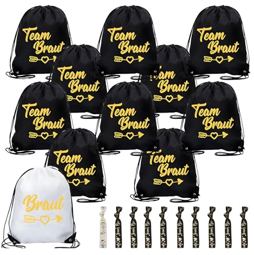 WanderGo Junggesellinnenabschied Frauen Set 11 Stück Team Braut Beutel mit Kordelzug und Armband JGA Turnbeutel Damen Hochzeit Team Bride Turnbeutel für Hochzeit, Verlobung