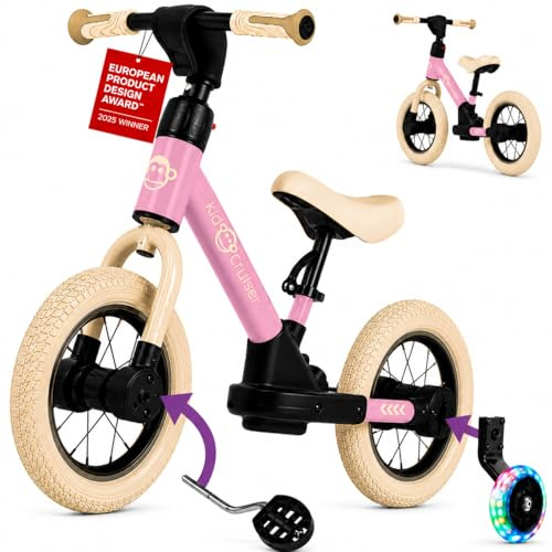 Kidcruiser PedalPlay bicicletta bici senza pedali dai 2 anni, ideale per imparare ad andare in bici, 3-in-1 con rotelle LED e pedali, telaio modulare robusto, 80 kg, rosa & bianco crema