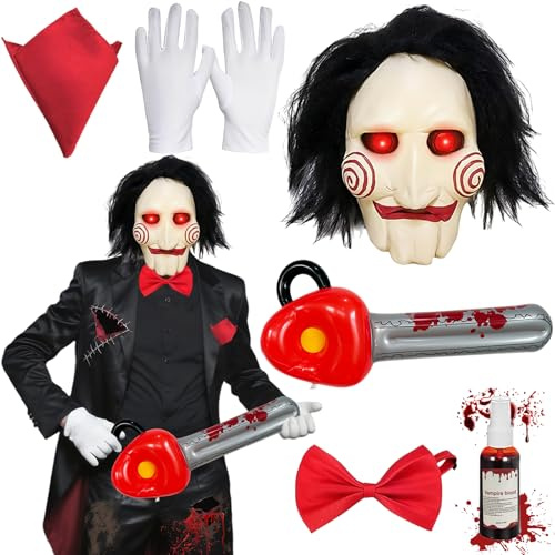 Halloween Saw Jigsaw Mask Set with Saw Mask Horror Latex Props with LED and Gloves and Tie, Handkerchief, Artificial Blood Spray, Inflatable Saw, Carnival Halloween Costume Cosplay Unisex