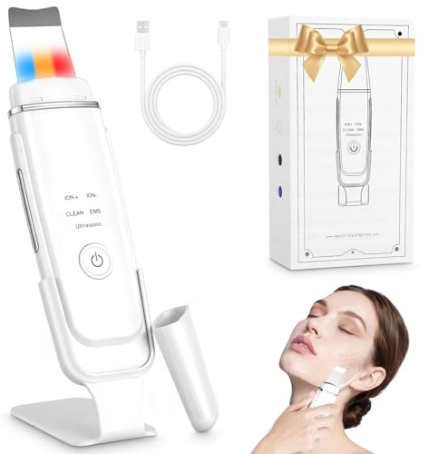 Skin Scrubber Nettoyeur de Pores Visage avec 4 Modes et Lumière Tricolore Extracteur de Points Noirs Ultrasonique Rechargeable avec Base Nettoyeur de Peau pour Appareil de Nettoyage du Visage