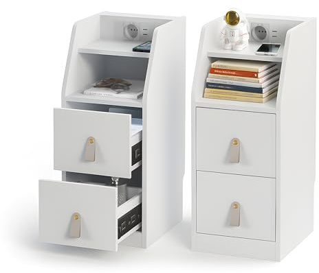 Table de Chevet lot de 2 Blanche, Avec Prise Intégrée USB, Table de Nuit Étroite 30 cm, 2 Tiroirs, Petit Meuble Économique d'Espace, Hauteur Optimisée pour Lit Boxspring,Capacité de Charge de 45 kg
