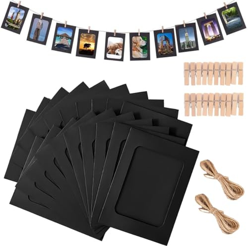 20 Piezas Marco de Fotos de Papel Kraft, 11.4x15.4cm Marcos De Fotos de Papel, Marco de Foto de Cartón, con Pinzas de Madera y Cuerda de Cáñamo, para Hogar Oficina Colegio Decoración de Pared, Negro