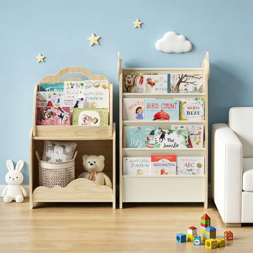 Kinderregal, 3-in-1 Kinderbücherregal und Spielzeugaufbewahrungsregal mit Hängetasche, Tragbares Bücherregal mit Griff, Aufbewahrungsregal aus Holz für Schlafzimmer und Spielzimmer (Abnehmbar)