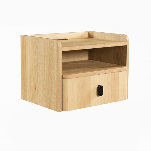 VDNEND Nachttisch Hängend 2er Set, Moderner Wandmontierter Nachttisch mit Schublade & Offenem Regal, Platzsparende Nachttische mit Ladezentrum, Naturholzfärbung für Schlafzimmer Wohnzimmer, 30x40x30cm