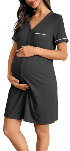BLENCOT Womens Labor and Delivery Gown Maternity Pajamas Dress Short Sleeve Button Down Birthing Nightgown Hospital Nursing Sleep Shirts with Pocket Dark Grey M