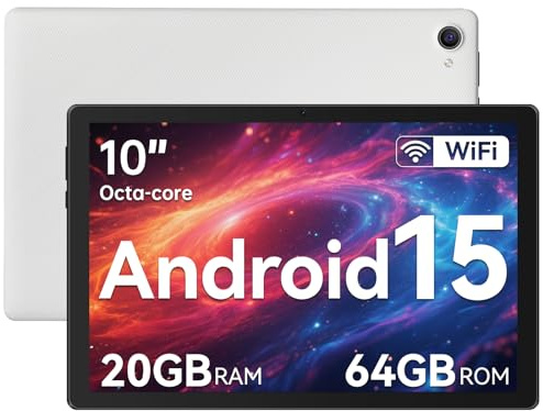 Hakaug Tablet 10 Inch Android 15 Tablets PC Octa-Core 20 GB RAM 64 GB ROM 1 TB TF Extension 1280x800 IPS Touchscreen WiFi 6 Widevine L1 Dual Camera 5000 mAh (White)