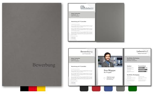 5 Stück 3-teilige Bewerbungsmappen BL-exclusivdruck® EASY in Steingrau - Premium-Qualität mit edler Relief-Prägung 'Bewerbung' - Produkt-Design von 'Mario Lemani'