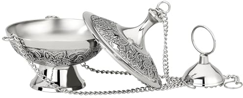 MaMeMi Incensario de Latón Plateado 10×10 cm | Estilo Antiguo con Cadena de 25 cm | Quemador de Incienso y Hierbas | Hecho a Mano | Diseño Decorativo, Colección MaMeMi