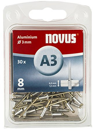 Novus a 3 rivetti ciechi in alluminio con 8 mm di lunghezza, 30 rivetti ciechi con 3 mm di diametro e 4,0 – 5,5 mm