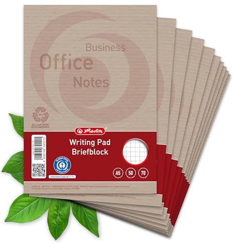 herlitz Briefblock A5 Recycling, kariert, 50 Blatt, 70 g/m² Papier, 10 Stück