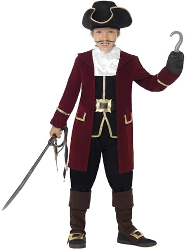 Smiffys Traje de Capitán Pirata de Lujo, Negro, con Chaqueta, Falso Chaleco, Pantalones, Pañuelo de Cuello y Sombrero Halloween, Carnaval