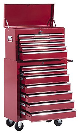 HOMCOM Werkstattwagen mit Werkzeugkasten, Werkzeugwagen leer abschließbar mit Schubladen, Werkzeugfach, Schlüssel und Antirutschmatten, Rot
