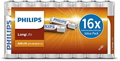 Philips Pilas AAA LongLife - RO3 Micro 1,5 V LongLife - Pilas alcalinas Paquete económico de 16 Unidades