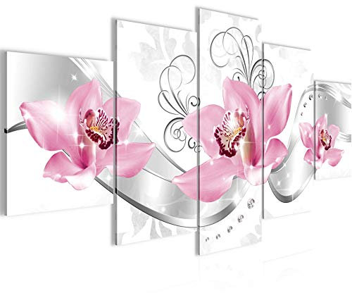Runa Art - Bilder Blumen Orchidee 200 x 100 cm 5 Teilig XXL Wanddekoration Design Grau Rosa 023151a