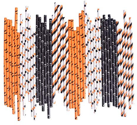 DELIBEST 200pcs Halloween Paper Straws, Black White Orange Bat Striped Bulk Biodegradable Disposable Drinking Ghost Polka Dot for Party Supplies