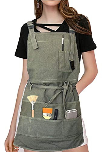 SH-RuiDu Grembiule regolabile da officina, con cinghie incrociate sul retro e tasche per attrezzi, grembiule da lavoro in tela per pittura artistica, per uomini e donne, Come mostrato, M