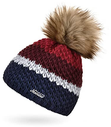 Neverless® Damen Strick-Mütze gefüttert Fleece-Innenfutter Fell-Bommel Kunstfell Winter-Mütze Bommelmütze Grobstrick Mehrfarbig Navy-rot Unisize
